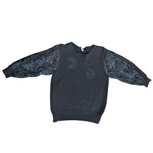 Women's Large Black Knit Sweater‎ with Sheer Lace Floral Sleeves